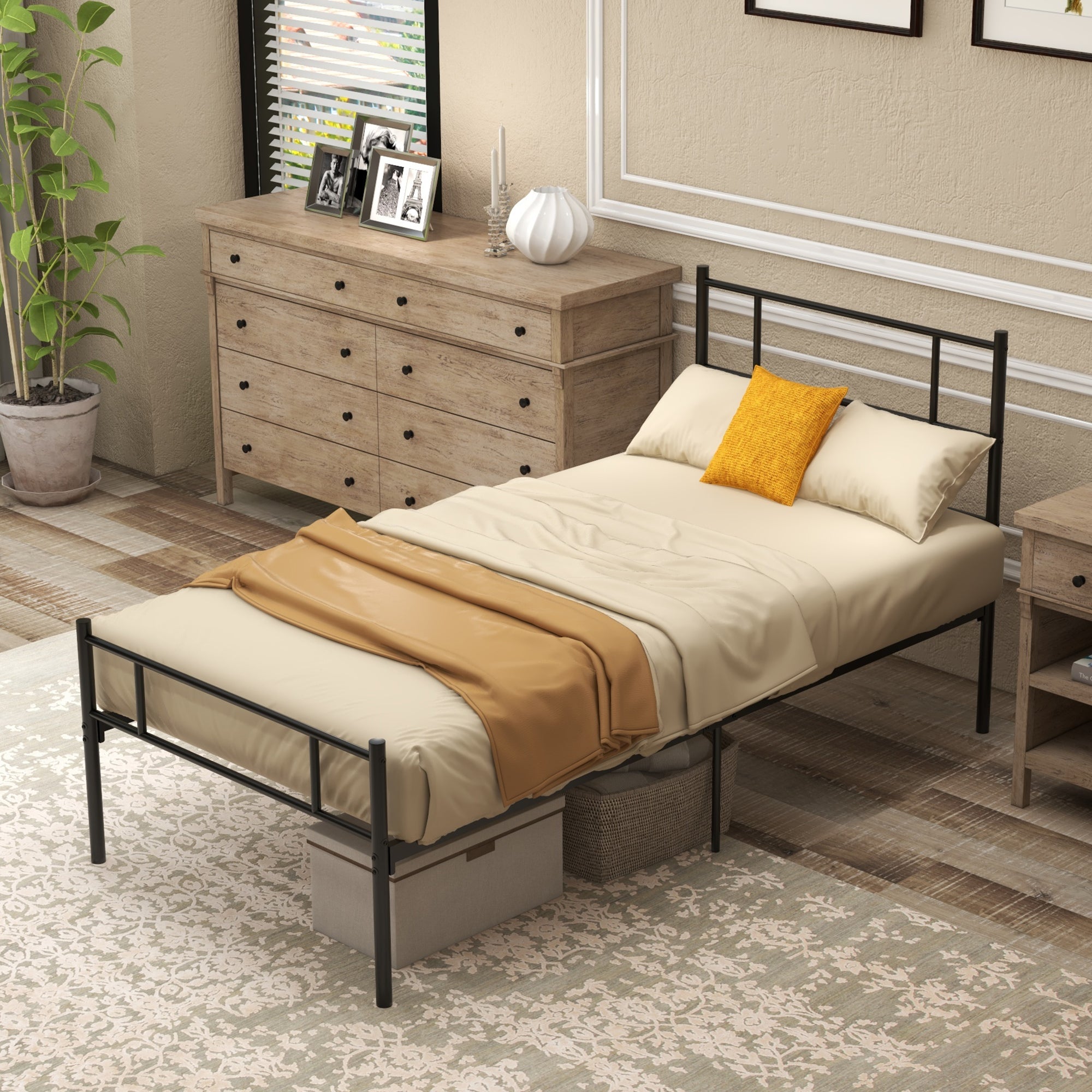 HOMCOM Single Metal Bed Frame w/ Headboard and Footboard, Underbed Storage Space