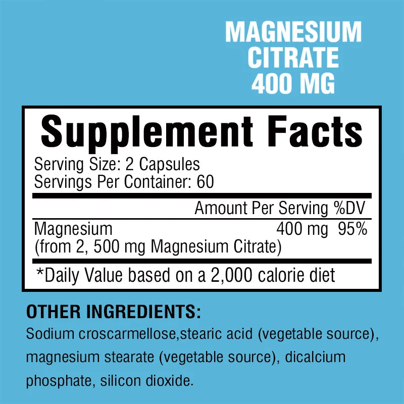 Magnesium Citrate Capsules - Supports Muscle, Nervous System, Bone, Heart Health and Energy - 120 Capsules
