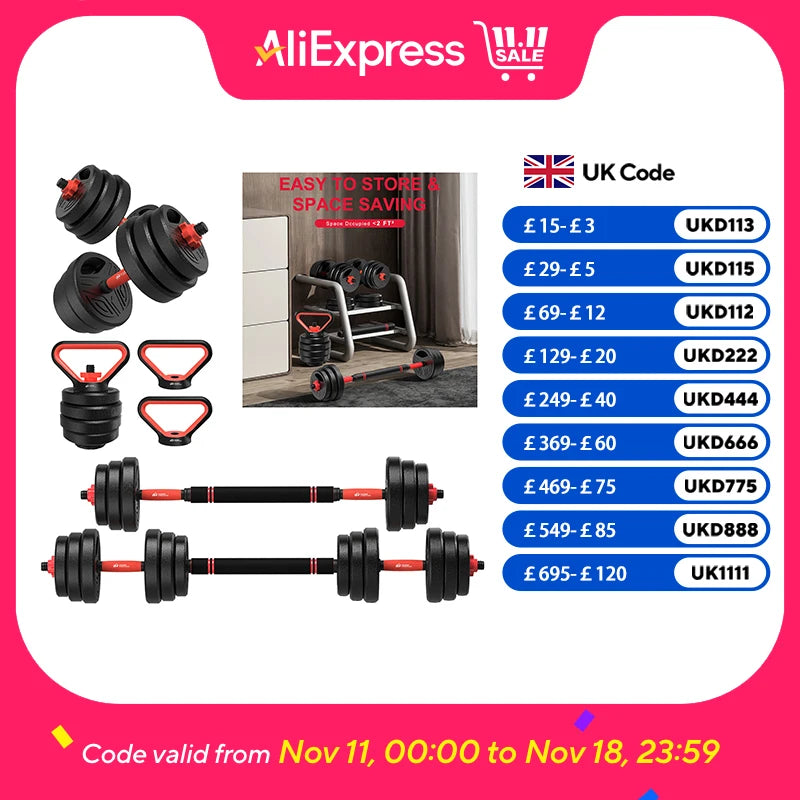 3-in-1 Dumbbells Set 20 kg Adjustable Dumbbells with Extra Barbell Bar Plastic-Coated Weight Plates Fitness Exercise Home Gym
