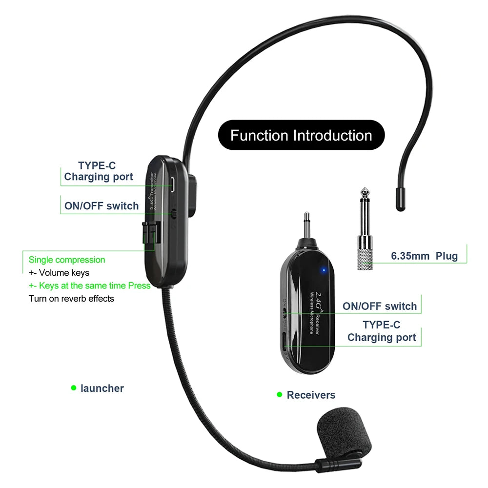 Wireless 2.4G Microphone Head Mounted Wireless Lavalier Set Transmitter Receiver 2 In 1 Rechargeable