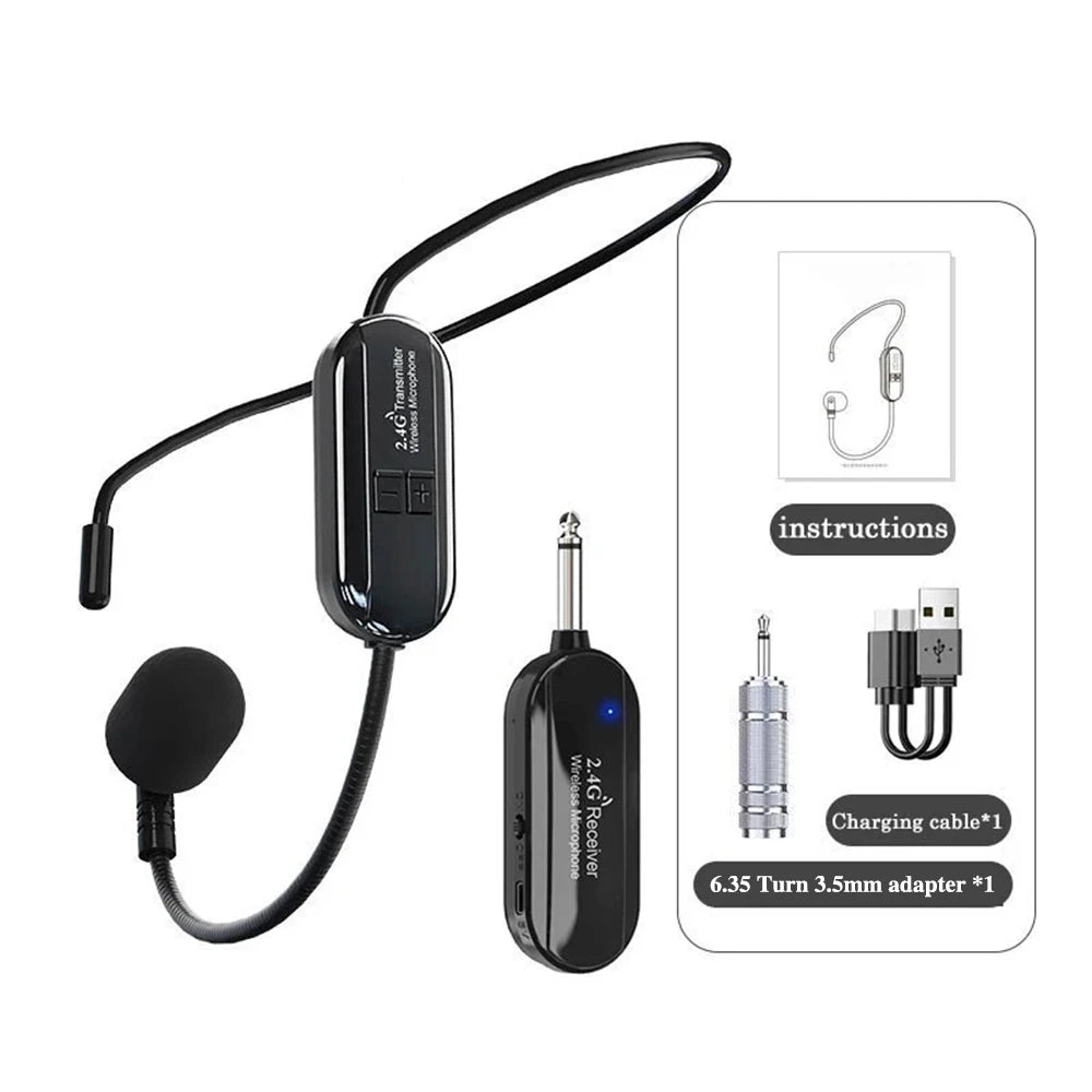 Wireless 2.4G Microphone Head Mounted Wireless Lavalier Set Transmitter Receiver 2 In 1 Rechargeable