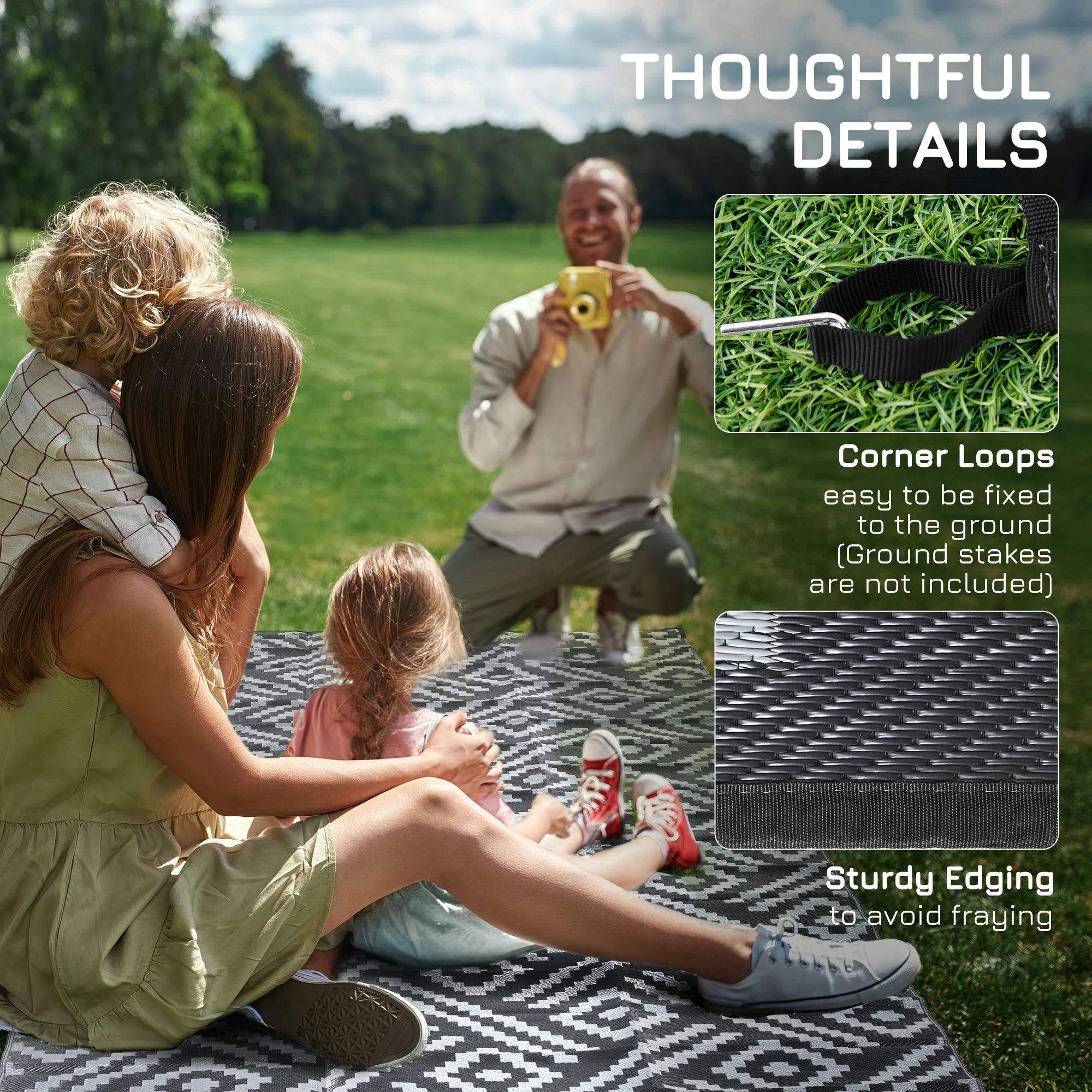 Outsunny Outdoor Rug W/ Carry Bag, 8' X 10' Plastic Straw Rug, Black Gray