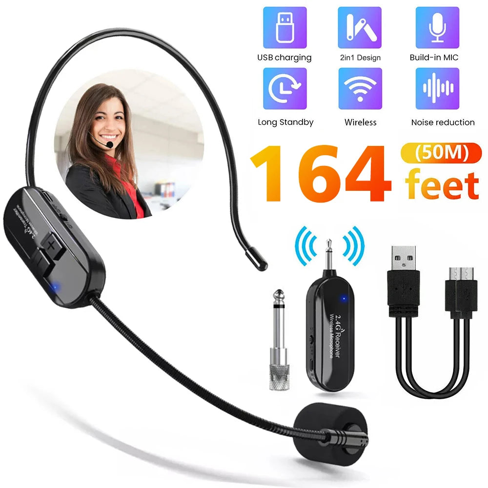 Wireless 2.4G Microphone Head Mounted Wireless Lavalier Set Transmitter Receiver 2 In 1 Rechargeable