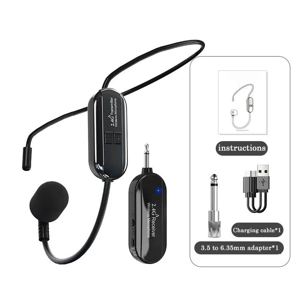 Wireless 2.4G Microphone Head Mounted Wireless Lavalier Set Transmitter Receiver 2 In 1 Rechargeable