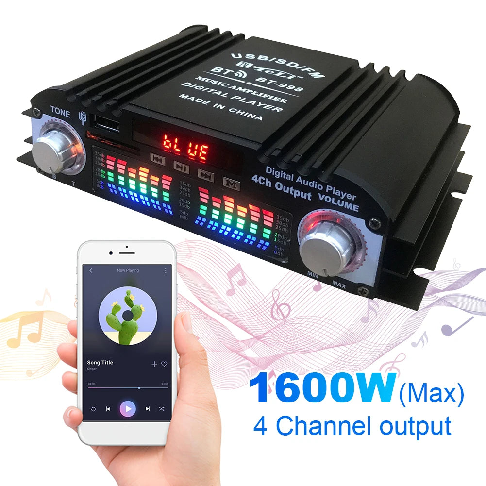 1800W Peak Power Digital 4 Channel Audio Amplifier HiFi Sound Amplifier Bluetooth Karaoke Player FM Radio Support Remote Control
