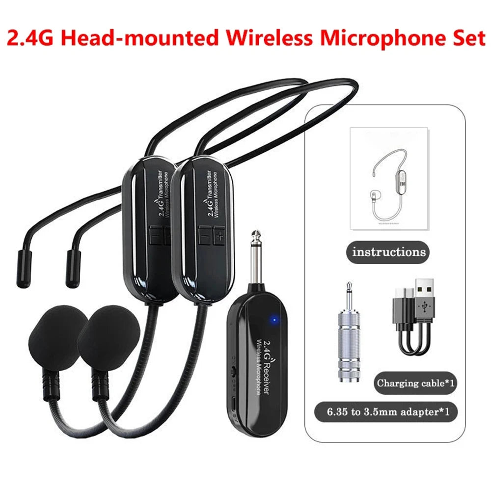 Wireless 2.4G Microphone Head Mounted Wireless Lavalier Set Transmitter Receiver 2 In 1 Rechargeable