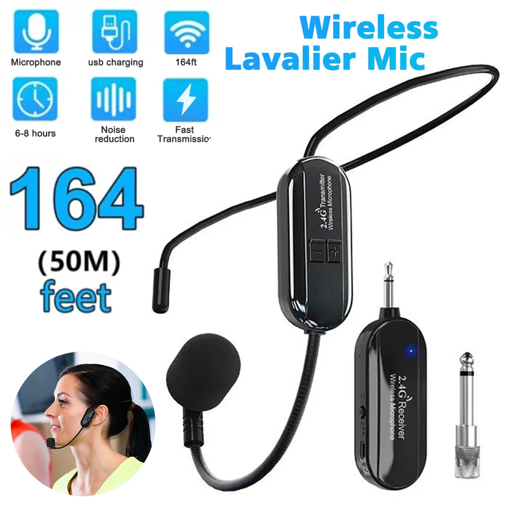 Wireless 2.4G Microphone Head Mounted Wireless Lavalier Set Transmitter Receiver 2 In 1 Rechargeable