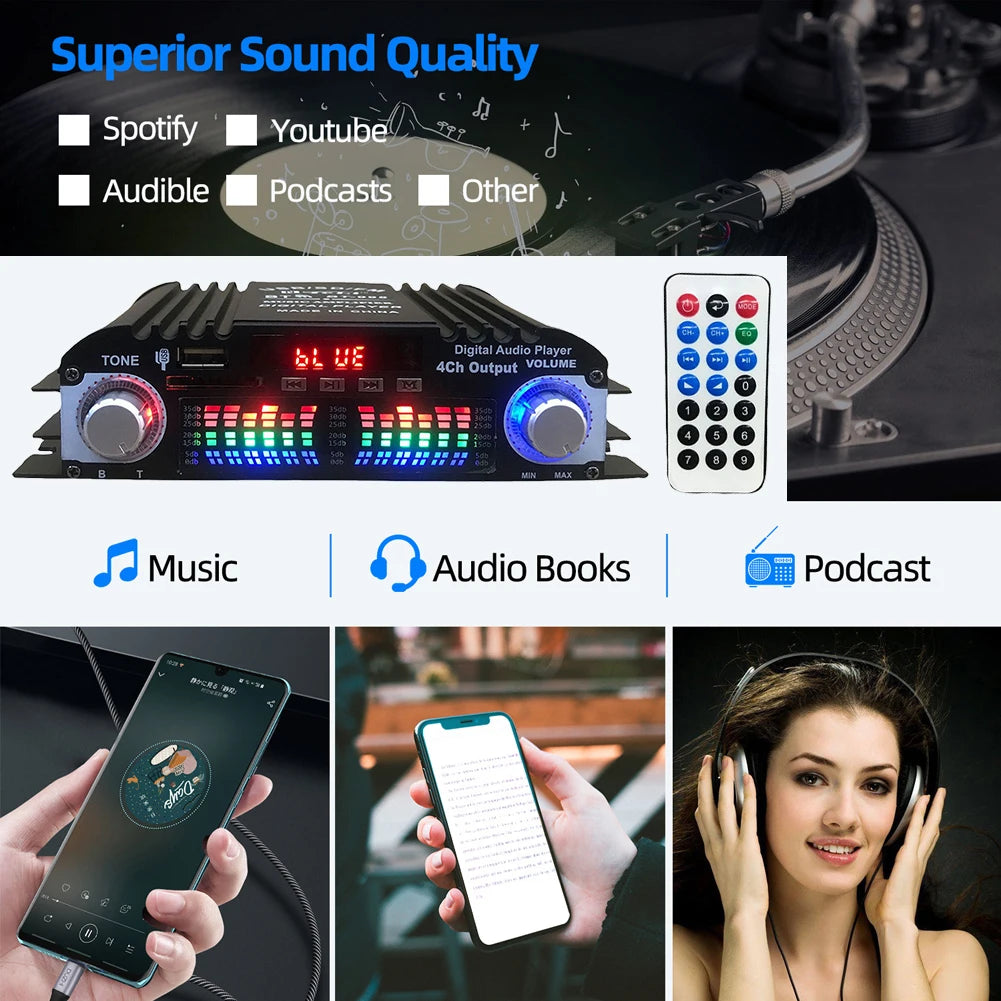 1800W Peak Power Digital 4 Channel Audio Amplifier HiFi Sound Amplifier Bluetooth Karaoke Player FM Radio Support Remote Control