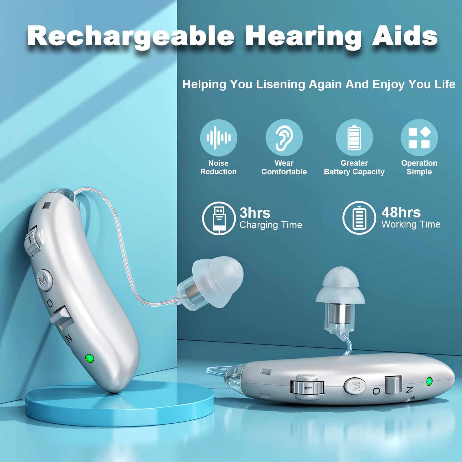 Portable Rechargable Hearing Aid Invisible Adjustable Behind-The-Ear Sound Amplifiers