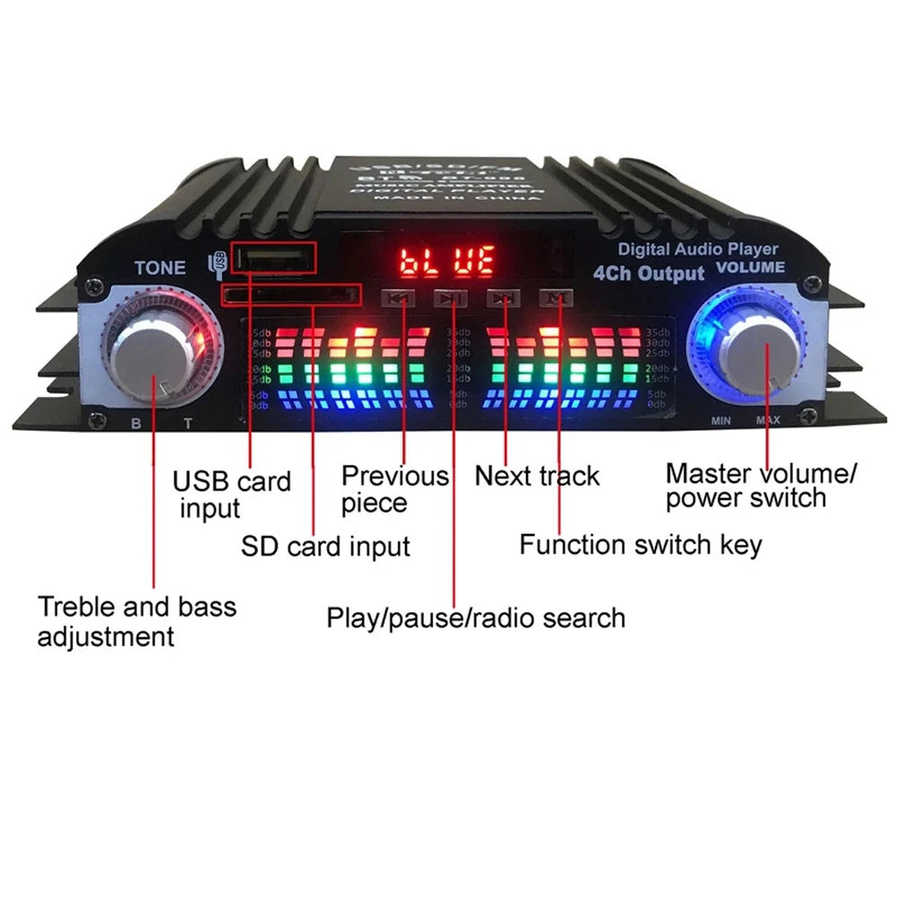 1800W Peak Power Digital 4 Channel Audio Amplifier HiFi Sound Amplifier Bluetooth Karaoke Player FM Radio Support Remote Control