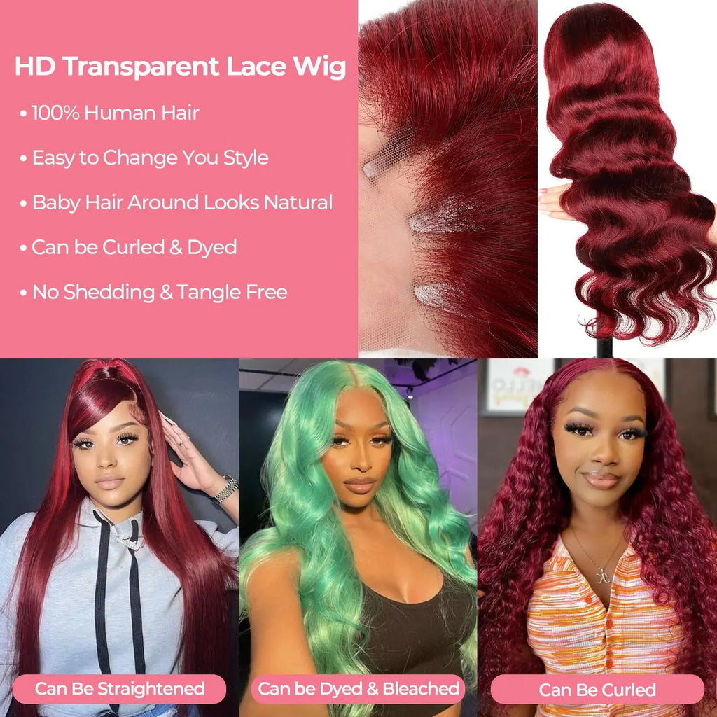 Burgundy 13x4 lace front wigs for women Choice Colored 13x6 hd lace frontal human hair wig Body wave Brazilian 30 inch Wigs