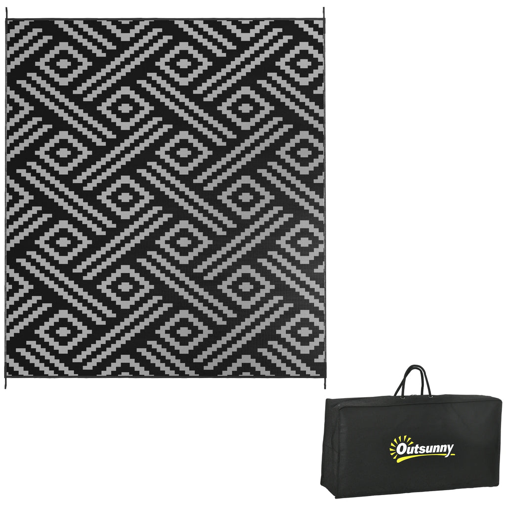 Outsunny Outdoor Rug W/ Carry Bag, 8' X 10' Plastic Straw Rug, Black Gray