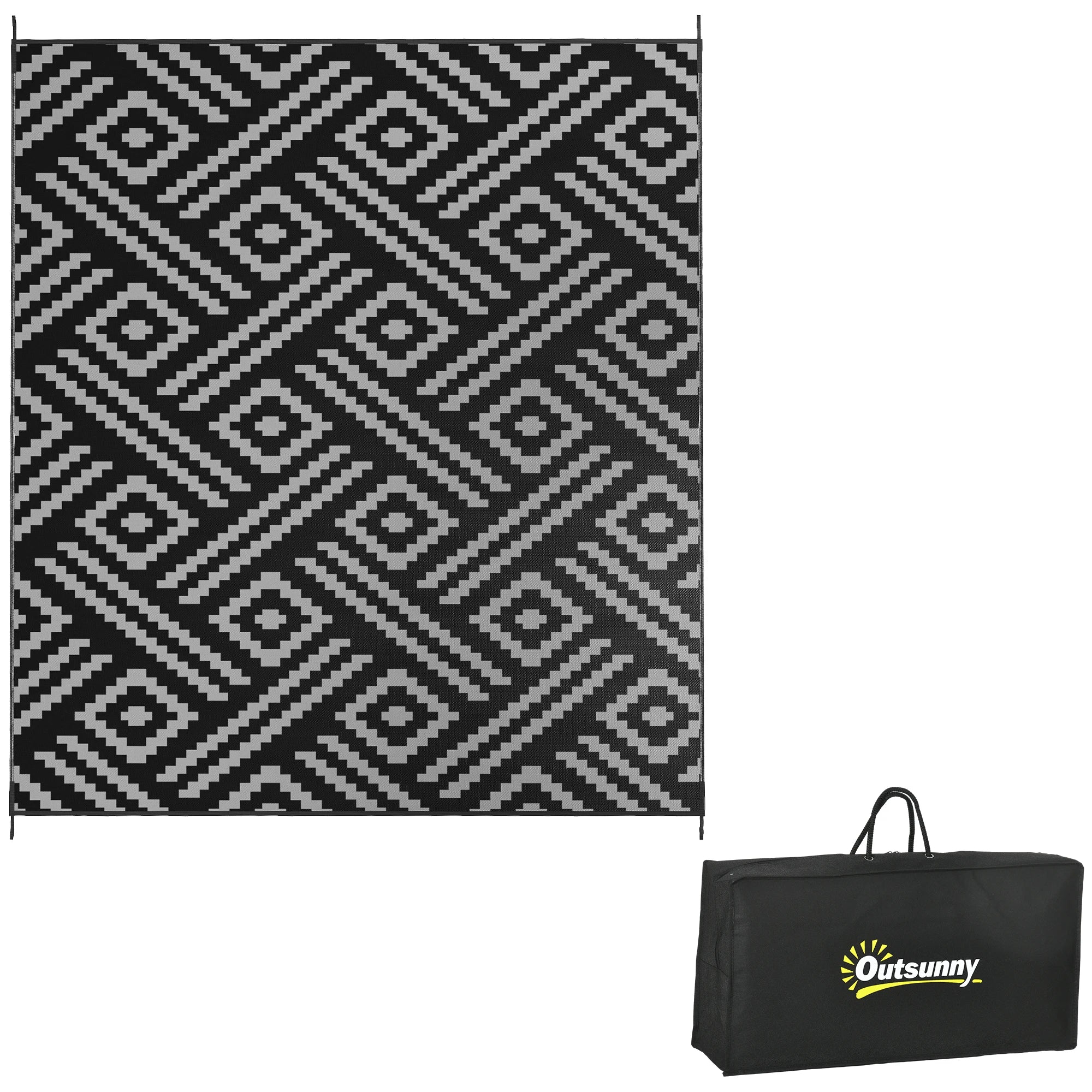 Outsunny Outdoor Rug W/ Carry Bag, 8' X 10' Plastic Straw Rug, Black Gray