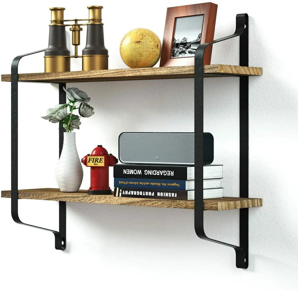 Wall Mounted Rack Display Wood Wall Shelves Rustic 2-Tier Wall Storage Shelf for Bedroom Living Room