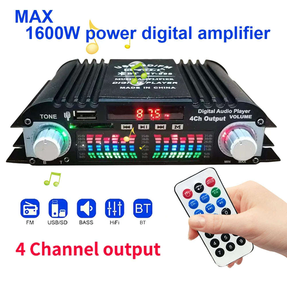 1800W Peak Power Digital 4 Channel Audio Amplifier HiFi Sound Amplifier Bluetooth Karaoke Player FM Radio Support Remote Control