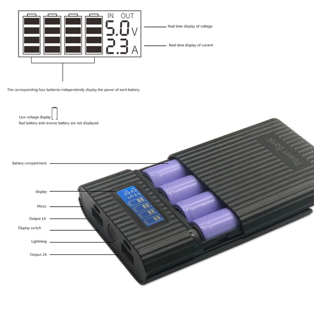 4x18650 Battery Holder DIY Digital Display Fast Charging Mobile Power Bank with LED Flashlight 18650 Battery Charger Storage Box