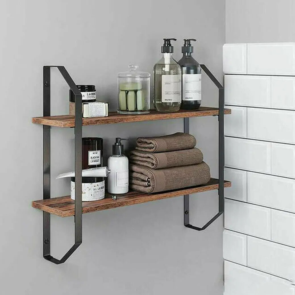 Wall Mounted Rack Display Wood Wall Shelves Rustic 2-Tier Wall Storage Shelf for Bedroom Living Room