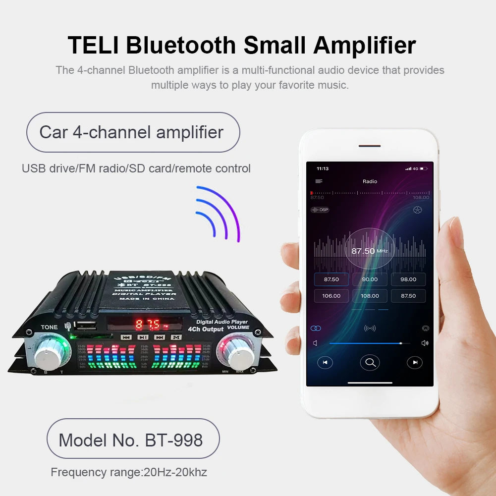 1800W Peak Power Digital 4 Channel Audio Amplifier HiFi Sound Amplifier Bluetooth Karaoke Player FM Radio Support Remote Control