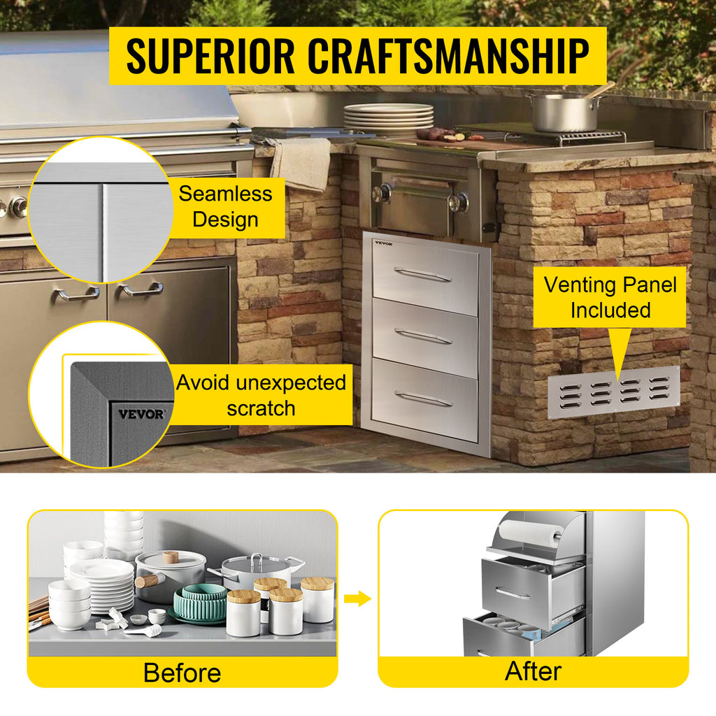 SucceBuy Stainless Steel Outdoor Kitchen Drawers W/ Handle Large Storage BBQ Island Great for Any Weather Condition